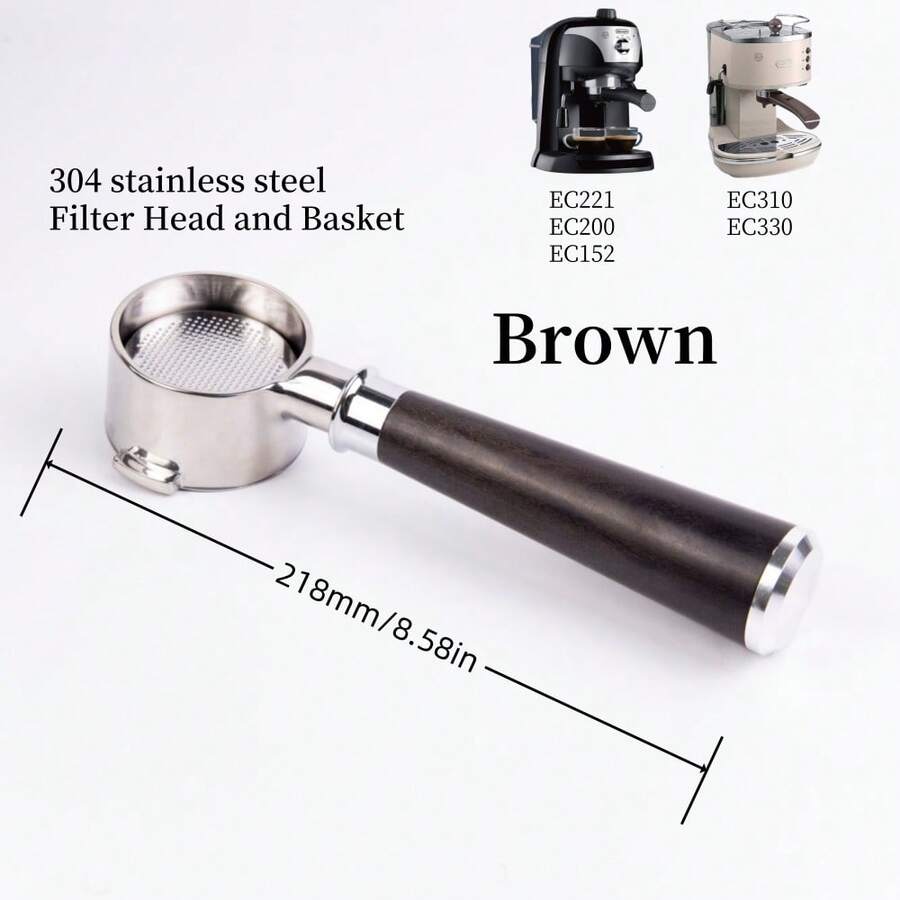 Porte-filtre sans fond de 51 mm à 2 oreilles pour Delonghi EC200 EC221 ECO310 EC330 EC152, accessoires de remplacement de panier-filtre pour machine à café/expresso en acier inoxydable avec poignée en bois/ABS