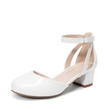 Little Girl's Wedding Party Pumps - Closed Toe High Heels With Ankle Strap For Toddler & Big Kid - White - View 3