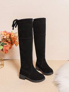 女童过膝长靴，休闲低跟圆头学生靴，秋冬季百搭单品，新款 - 黑色 - 查看 5