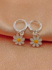 1 Pair Of Simple And Sweet Mori Style Flower Dangle Earrings For Daily Wear - Antique Silver - View 1