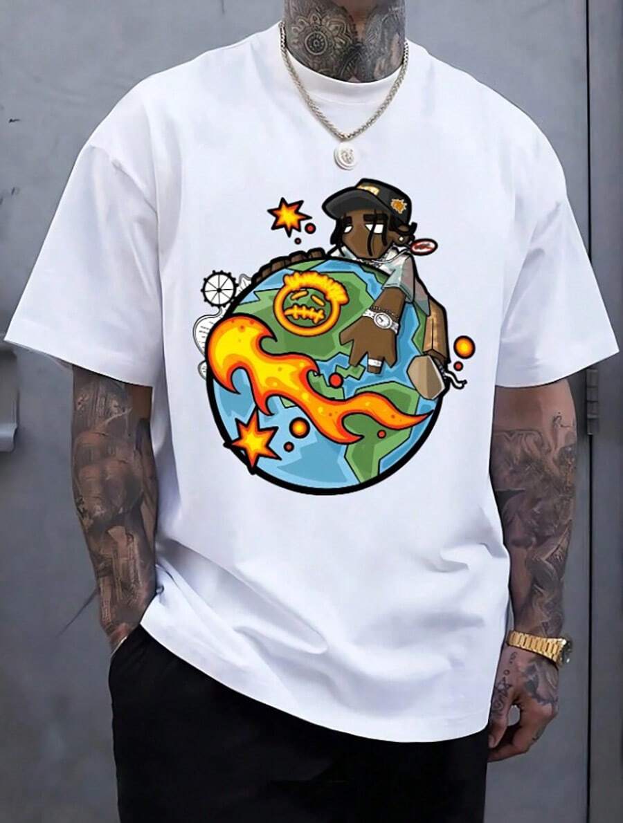 [Free Shipping]Men's Fashion Hipster Funny Earth Print T-Shirtfall Hoodies,Men's Fall Clothes,Street Wear,Halloween,Mens Hoodies,Y51k Clothes,Jesus Hoodie,Thanksgiving Day,Nightmare Before Christmas,Christmas - White - View 1