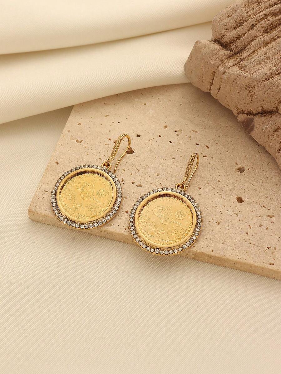 1 Cặp bông tai mặt dây chuyền hình đồng xu mạ vàng pha lê hợp kim đồng thanh lịch, thích hợp làm trang phục hàng ngày và quà tặng ngày lễ cho phụ nữ - Vàng - Xem 1