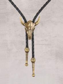 1pc Vintage Western Cowboy Style Alloy Metal Necklace For Men, With Bull's Head Carved Details, Gothic Style, Black Leather Braided Long Chain - Leather - View 7