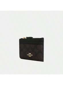 Coach Mini Skinny Id Case Leather Credit Card Holder Slim Rfid Blocking Front Pocket Wallet for Women with Clear ID Window Zip Credit Card Case Coin Purse with Keychain,CW870 IMXAQ - 胡桃木拼黑色 - 查看 3