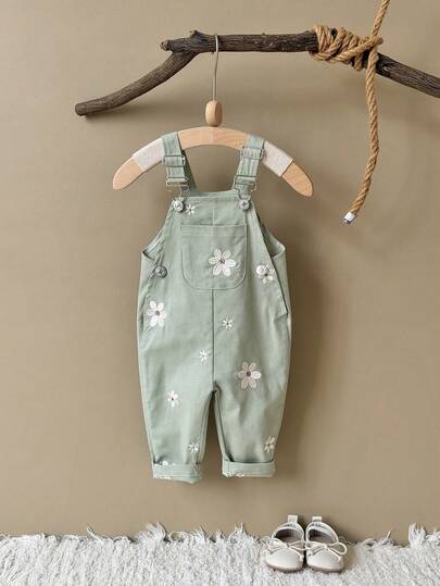 Baby Girls' Casual All-Over Embroidered Floral Light Blue Suspender Pants, Summer