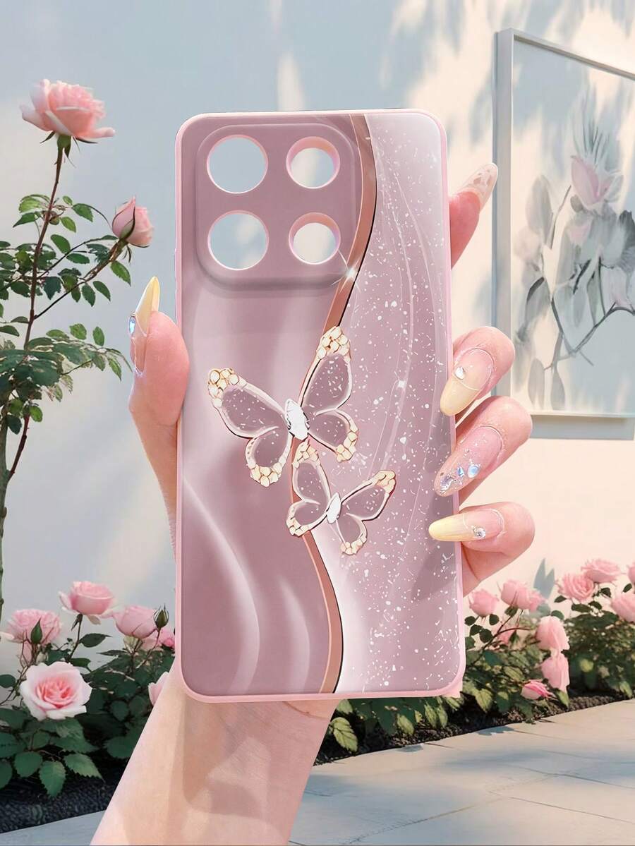 1个粉色奢华时尚简约闪亮蝴蝶图案波浪亮片软硅胶保护壳，适用于安卓智能手机，防指纹、防震、防摔，国际版，非国内版，春季生日礼物 - 粉色 - 查看 1