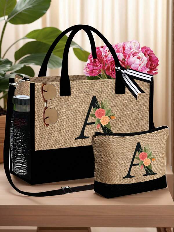 大容量女士手提包，撞色化妆包设计，印有黑色花卉字母 A-Z，带提手，可斜挎或单肩背 - 多功能、轻便、百搭