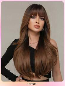 Peluca sintética tejida de 26 pulgadas con ondas rizadas y flequillo, color marrón degradado, para mujeres. Cabello sintético suave y resistente al calor, para uso diario, disfraz de Halloween, festivales y regalos.