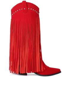 Cowgirl Womens Fringe Boots Fashionable Pointed Toe Chunky Heel Rivets Boots Punk Rivets Block Heel Boots Comfortable Western Tassel Cowboy Boots For Dress Party - Red - View 10