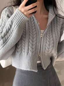Mujeres cardigans otoño e invierno cálido jersey perezoso viento suelto versátil sección corta doble cremallera suéter de punto - Gris Claro - Ver 5
