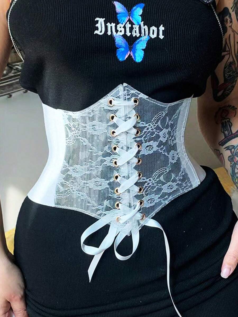 1 Stück Spitze Taillengürtel, Damen Schnür-Korsett Taillengürtel aus transparentem PVC-Spitze, gehäkelte Blüten, elastisch breiter Gürtel für Kleider, Korsetts, schwarzes Korsett Halloween Kostüm - mehrfarbig - Übersicht 1