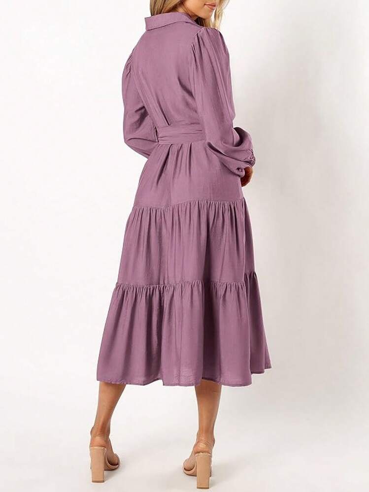 long sleeve midi dress flowy MASCOMODA Women's Fall – V-Neck Button Down Tiered A-Line With Tie Waist And Pockets, Perfect For Weddings Or Work High Waist Empire Silhouette Wedding guest