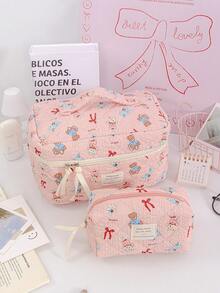 1 Piece Large Capacity Cosmetics Storage Bag Portable Travel Cosmetics Pouch Red Bow Pattern Makeup Bag Multi-Functional Make Up Bag Set Pink Travel Toiletry Bag For Girls Cute Cartoon Print Skincare Organizer Bag Foam Quilted Household Makeup Bag - Pink - View 15