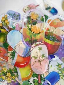 50pcs/Set Cartoon Colorful Flowers Transparent PET Stickers, DIY Decorative Decals For Luggage Laptop Guitar Notebook Water Bottle Phone Stationery Sticker