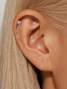 1pc 18K Gold Plated 4 Prong Inlaid Zirconia/Hypoallergenic Pierced Earring Chain Pendant Flat Back Cartilage Helix Piercing Fine Jewelry Suitable For Daily Wear Wedding Party Engagement Anniversary Valentine's Day - Multiple Styles - View 4