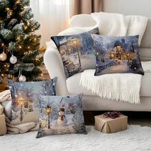 4pcs Christmas Snowy Landscape Printed Pillow Cover Set - Peach Velvet Pillow Case 45*45cm