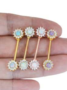 1pc 14G 1.6x14/16mm External Thread Flower Opal Nipple Ring, Punk Piercing Jewelry, Fashionable Gift