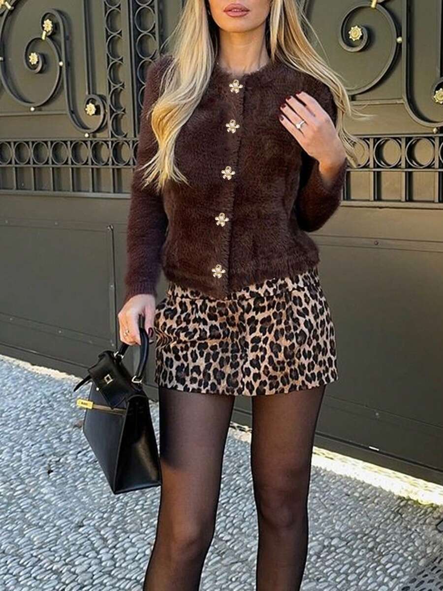 Glamful Elegant Faux Mink Fur Collar Metal Flower Button Faux Fur Coat - Coffee Brown - View 1