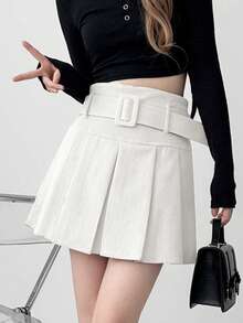 秋冬新款灯芯绒高腰百褶迷你裙-配腰带 - 白色 - 查看 5
