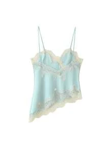 Women Satin Tops Y2K Lace Trim Camisole Asymmetrical Hem V-Neck Patchwork Tank Tops Spaghetti-Strap Backless Crop Tops Elegant Fashion Loose Cami Shirt Summer Blouse For Streetwear - 藍色 - 查看 6