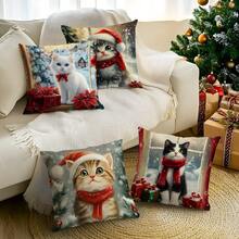 4pcs Christmas Cat Pattern Set - Single-Sided Printed Throw Pillow Cover 45*45cm - Multicolor - View 11