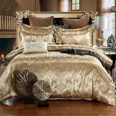 Luxury Satin Embroidery 3-Piece Bedding Set Soft Comfortable Lightweight Gold King Duvet Cover (No Quilt)