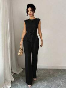 Palazzo mujer Casual de Escote Redondeado y Detalle cinturón, Pierna Amplia y Suelta para Mujer Primavera / Verano con elegancia sutil mono jumpsuit - Negro - Ver 2
