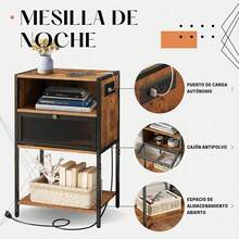 2pcs Bedroom Nightstand Mesa De Noche Rústica Con Estación De Carga Usb - Marrón - Ver 4