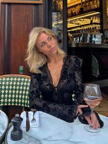 1 Stück Damen Herbst Blumen Mesh Schleife Vorne Rüschen Weite Ärmel Bluse - Schwarz - Übersicht 5