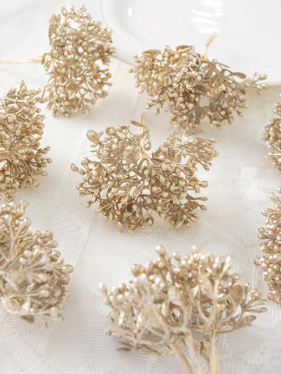 1束（6枝）人造植物，迷你叶子字母，DIY花束，花环材料，糖果盒配件，家居婚礼装饰，新娘腕花，胸花，头饰材料，情人节礼物，新年装饰，生日派对蛋糕装饰，人造植物房间装饰，秋季装饰，花园秋季装饰，桌面摆件（塑料材质，需自行组装，用力拉扯易损坏） - 金色 - 查看 1