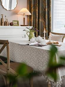 1 buc. Față de masă cu ciucuri, în stil pastoral francez, bej, cu imprimeu de crizanteme, husă de masă dreptunghiulară pentru măsuța de cafea, dulap TV, decor pentru casă