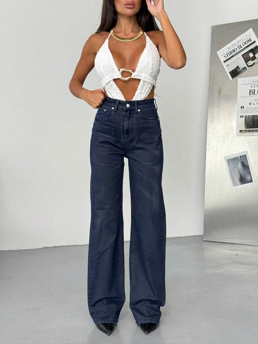SQUALO Women's Wide Leg Color With Pocket Details Destroyed Retro Washed Street Style Jeans Ripped And Cutout Wide Leg Jeans