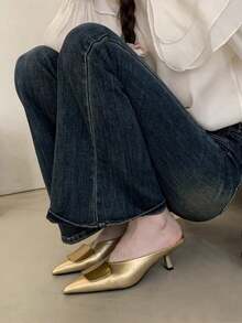 女士时尚尖头高跟鞋，优雅穆勒鞋，猫跟鞋 - 金色 - 查看 2