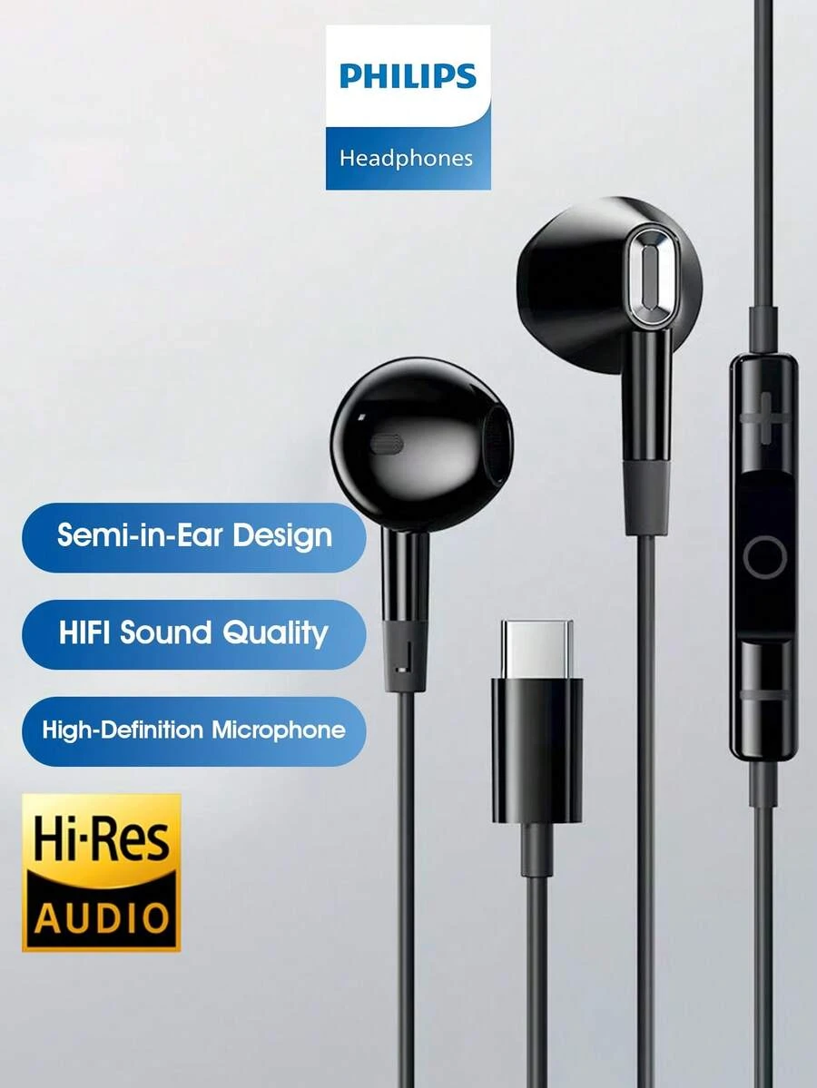 PHILIPS 飞利浦 TAE1020 有线入耳式耳机，Type-C 接口，音量控制，耐用线材，Hi-Fi 音质，适合音乐和办公使用，清晰麦克风，佩戴舒适，兼容智能手机 - 黑色 - 查看 1