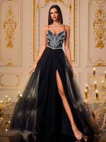 VIPGIRL SHEINXHannah 女士黑色亮片舞会礼服，性感高开叉薄纱晚礼服，奢华网眼正式长裙，优雅闪亮舞会礼服，女士婚礼宾客礼服，女士毕业礼服 - 黑色 - 查看 7