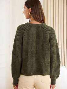 Women's Solid Color Round Neck Raglan Sleeve Long Sleeve Loose Front Button Casual Knit Cardigan - Dark Green - View 2