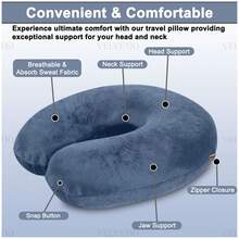 VELVETIO U Shaped Travel Pillow Lightweight Memory Foam Neck Cushion With Head Support For Airplane Train And Car Travel Portable With Washable Cover - Blue - View 4
