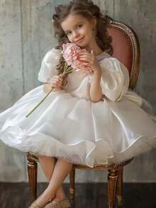 Young Girl's White Petal Sleeve Dress, Elegant Princess Dress With Tulle Fabric And Bow Decor, Suitable For Girls' Birthday Party, Wedding, Prom, Graduation Ceremony - 米色 - 查看 3