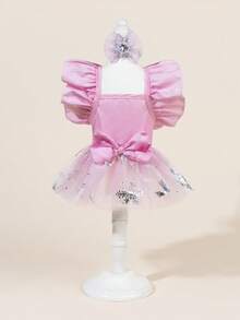 一套宠物薄纱婚纱，带领结，可爱印花连衣裙+领结宠物服装，弹力网纱公主宠物裙，适合猫狗 - 彩色 - 查看 1