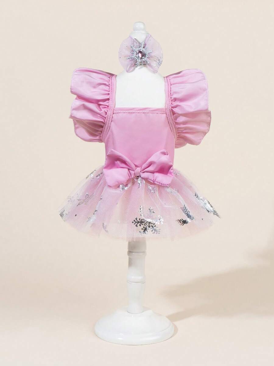 一套宠物薄纱婚纱，带领结，可爱印花连衣裙+领结宠物服装，弹力网纱公主宠物裙，适合猫狗 - 彩色 - 查看 1