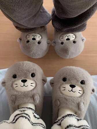 Söta grå sältofflor för kvinnor, bedårande 3D-djurdesign, halkfri, varm tjock sula, lämplig för höst/vinter