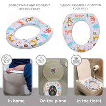 NF0490003 Reductor de asiento de inodoro para bebé con estampado de cochecito azul. Fabricado en plástico polipropileno. Apto para niños a partir de 1 año y 6 meses. La edad mínima de uso es de 2 años. Peso máximo soportado: 20 kg. Con sistema de plegado. Asiento acolchado. Diseño antisalpicaduras. Dimensiones: 3cm de alto x 28cm de ancho x 30cm de largo. - Blanco - Ver 5