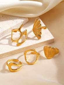 5pcs Stainless Steel 18K Gold Plated Geometric Heart & Circle Ring Set, Fashionable Jewelry Suitable For Women's Daily Wear, Party, And Holiday Gifts - Multicolor - View 4