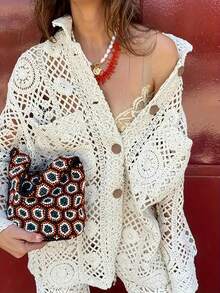 Oversized Loose Knit Crochet Hollow Out Cardigan Sweater For Women, French Style - Beige - View 2