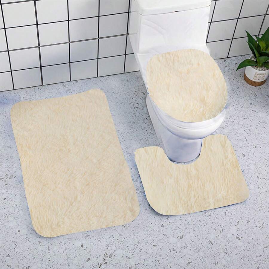 3-Piece Bathroom Carpet Set - Super Soft Non-Slip Bathtub Mat With High Absorbency, Machine Washable Fluffy Rugs For Shower, Bedroom, Kitchen & Living Room, Includes 1 Small, 1 U-Shaped & 1 Large Carpet, Anti-Slip PVC Backing, 1-Inch Microfiber Fibers - 白色 - 查看 1