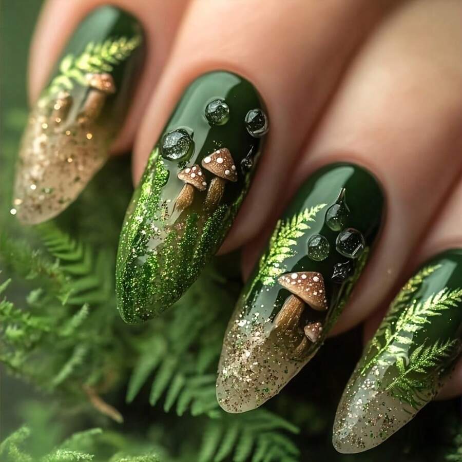 24-Piece Green Leaf Gradual Change Almond Patch Nail Band Glitter With Cute Mushroom Pattern - Green Leaf Gradient Almond-shaped Nails - View 1