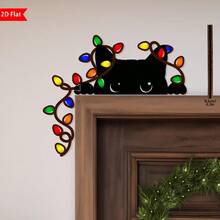 1pc Christmas Cat Door Corner Sign, Cat Door Topper, Cat With Christmas Lights, Christmas Corner Decor, Christmas Family Gift, Festive Wall Accents For Indoor, Living Room, Bedroom, Office, Ideal For Holiday Gifts And Seasonal Decor