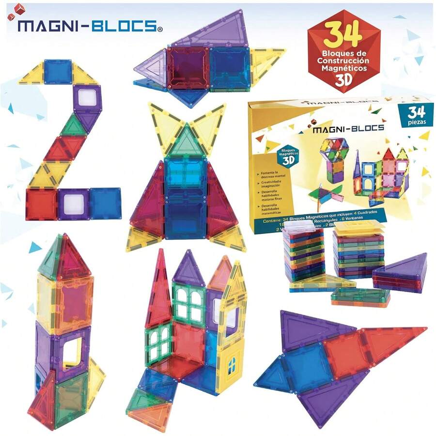 Imanes de Enseñanza, Set de 34 Piezas, Bloques Magnéticos 3D, Formas Geométricas Magnéticas Educativas para Niños, Rompecabezas Magnéticos Tridimensionales - 1 - Ver 1
