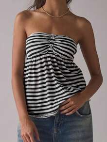 Women Y2k Tube Top Button Sleeveless Backless Strapless Bandeau Cute Aesthetic Summer Going Out Club Party Tank Tops - 黑與白 - 查看 1