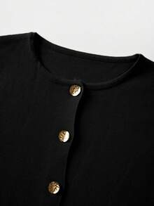 FOR BEAUTY 纯色圆领长袖开衫，女士新款休闲百搭时尚针织衫，通勤优雅修身外套，宽松简约上衣 - 黑色 - 查看 5